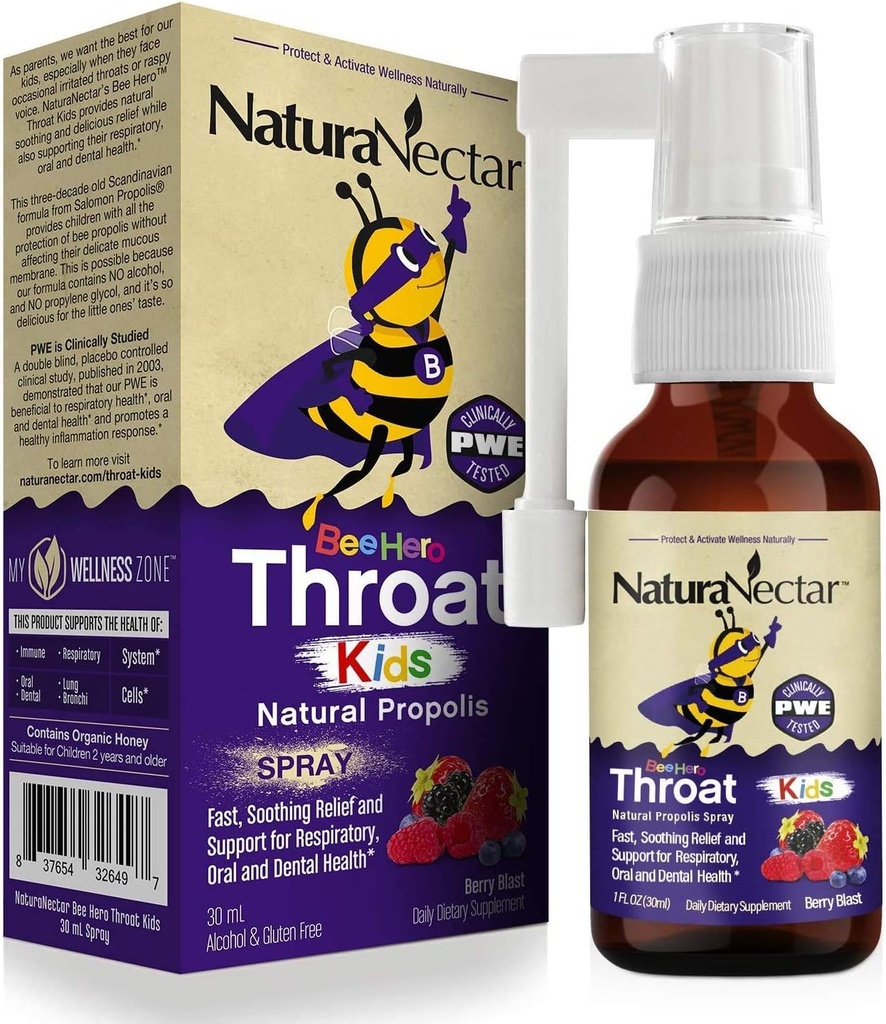 NaturaNectar - BeeHero Brazilian Bee Propolis Garganta Spray - Alivio Garganta para Crianças - para Conforto e Proteção - exclusivo Berry Blast Flavor (1 Pack, 1 Fl Oz)