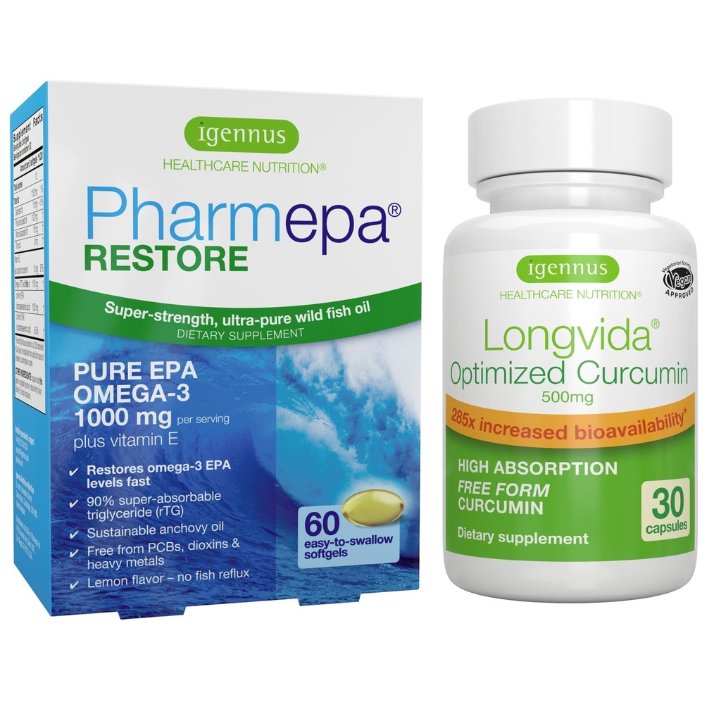 Pharmepa Restaurar & Longvida Lipidated Curcumin 500mg Bundle, 1000mg Puro EPA Omega-3 Fish Oil & Ultra Biodisponível Curcumin, por Igennus
