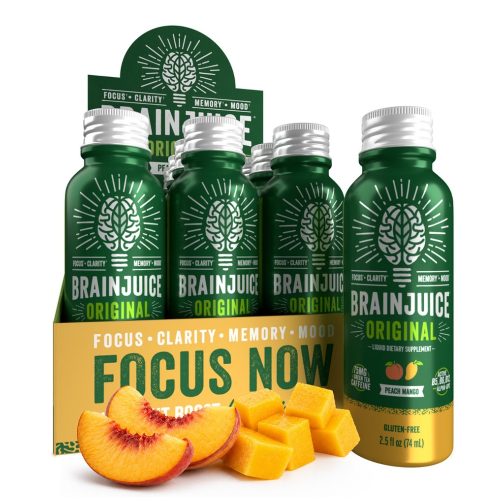 BrainJuice Brain Supply Shot, Supplement Shots sem glúten para energia e foco, Bebidas saudáveis com Alpha GPC, Vitamina B e extrato de chá verde orgânico Cafeína, Mango de pêssego, 2,5 fl oz, 12 Pack