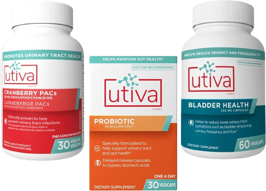 15% Bundle Utiva Cranberry PACs Suplemento para Saúde do Trato Urinário 30 Vegi Cápsula + Utiva Probiótico para Gut e Urinary Tract Saúde 30 Release tardia Vegi Cápsula + Utiva Bladder Saúde 60 Cápsula