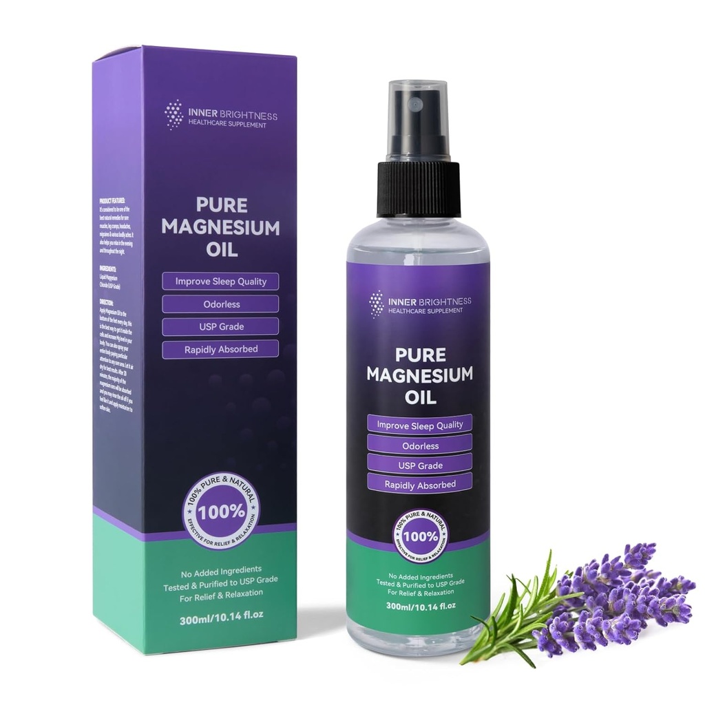 Óleo de magnésio para pés e sono, Puro óleo de magnésio Spray Orgânico Magnésio Natural Spray - USP Grau Magnésio Suplemento - Big 10 onças, 100% natural e puro para a saúde muscular e da pele