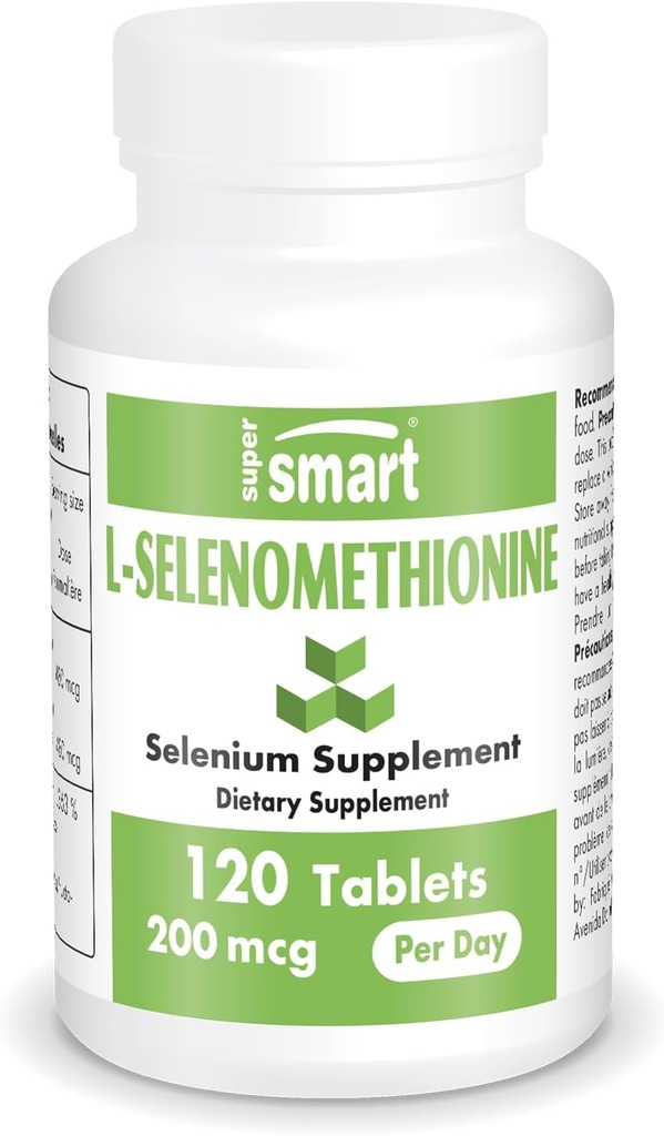 SuperSmart - L-Selenometionina 200mcg por dia (Suplemento de Selênio) - Alta Absorção - Essential Trace Mineral - Não-GMO e Glúten Grátis - 120 Comprimidos