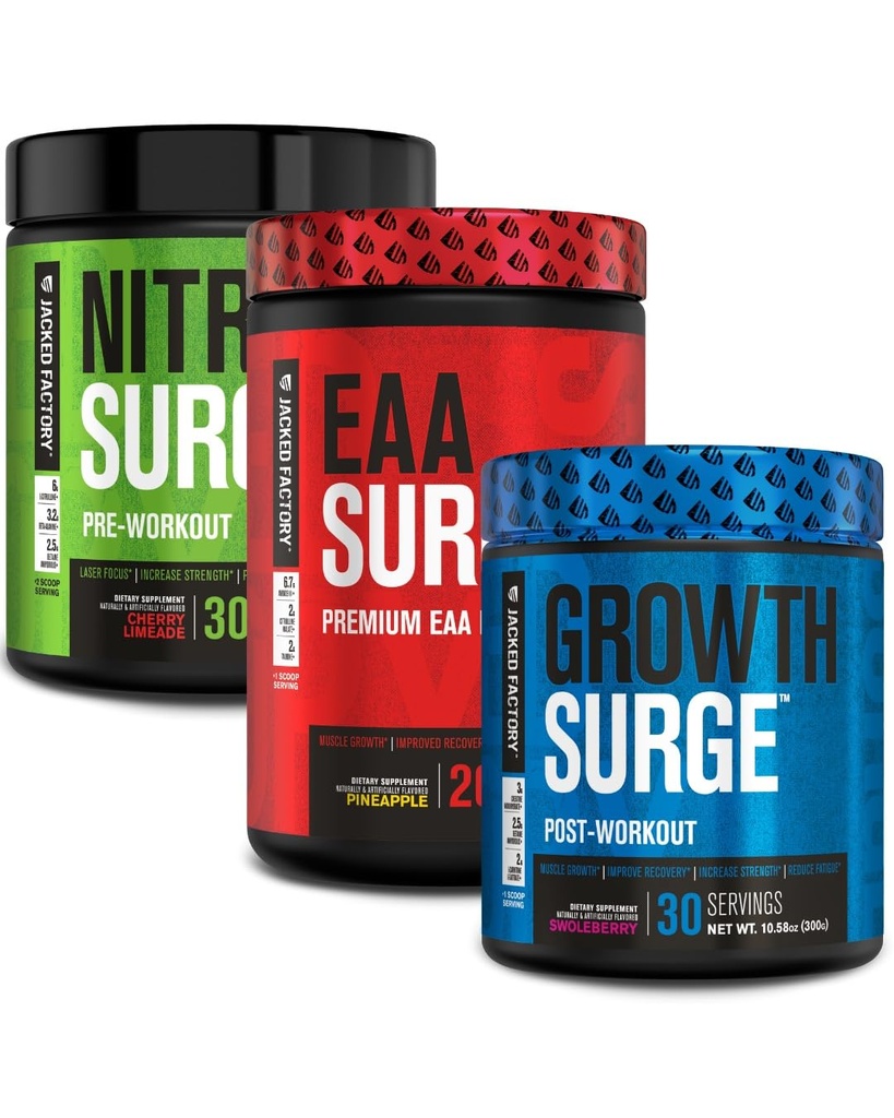 Fábrica Jacked Nitrosurge Pré-treino, EAA Surge Aminoácidos Essenciais, Crescimento Surge Pós-treino Muscle Builder Bundle