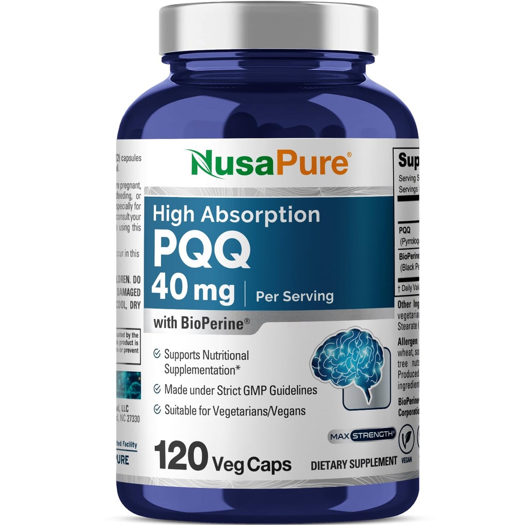 NusaPure PQQ Suplemento 40 mg, 120 Cápsulas Veggie, Não-GMO, Pirroloquinolina Quinone Sal dissódico, Bioperina