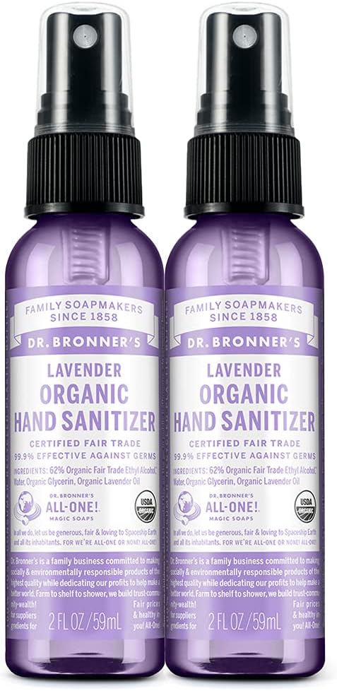 Dr. Bronner's - Spray de higienizador orgânico de mão (lavanda, 2 onça, 2-Pack) - Fórmula simples e eficaz, limpezas e higienização, sem Harsh Chemicals, hidrata e limpa mãos