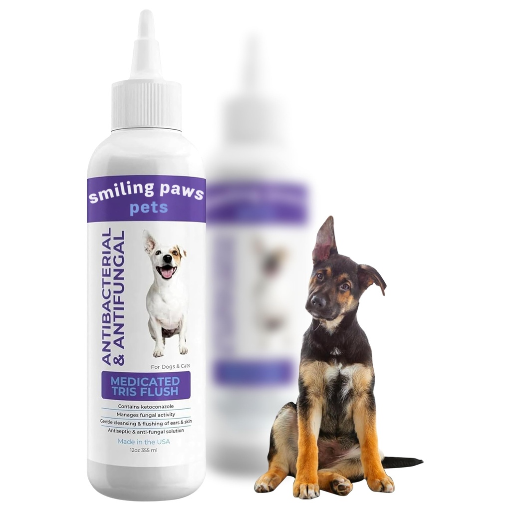 Patas sorridentes Animais de estimação medicados Tris Flush Dog Ear Cleaner Solução e tratamento de infecção para cães e gatos Ear Flush para cães Ear Cleaner para cães e gatos - Gato & Dog Ear Wash contém Ketoconazole 12 onças