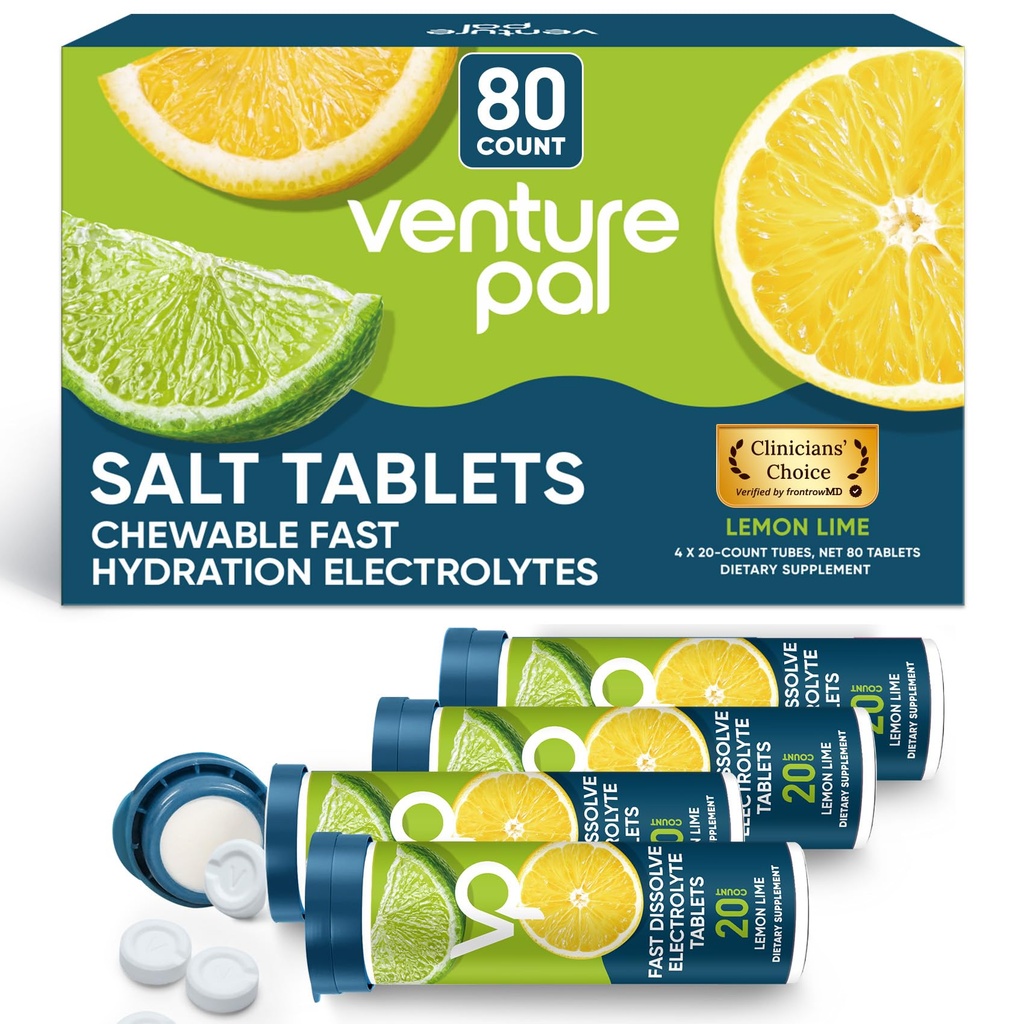 Venture Pal mastigable Electrolyte Tablets, 80 Contagem rápida-dissolve Sugar-Free Stick Salt Tablets - Variety Pack for Rapid Hydration, Correr ao ar livre, Caminhadas, Esportes