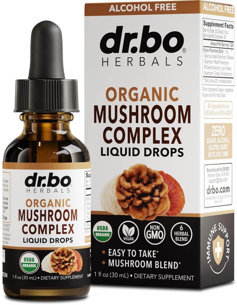 Leões orgânicos Mane Mushroom Complex - Suplemento de cogumelos Liquid Drops Tintura para foco, Nevoeiro, Suplementos de saúde cerebral - Vegan, Herbal Organic Leon's Mane Mushrooms, Reishi, Turquia Tail Extract 1oz