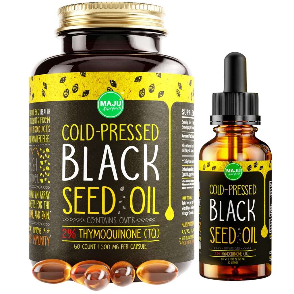 Maju Superfoods Black Seed Oil 2 onças e Black Seed Oil Cápsulas Pacote