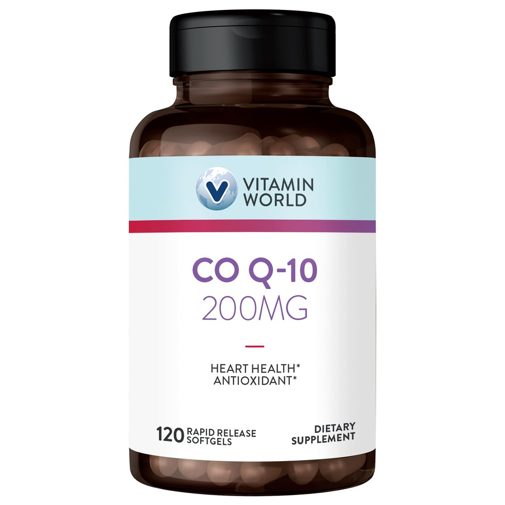 Vitamina World CoQ10 200 mg Softgels, Coenzima Q10 Suplementos para Apoio Antioxidante, Saúde do Coração e Produção de Energia, Gluten Free, 120 Rapid Release Softgels
