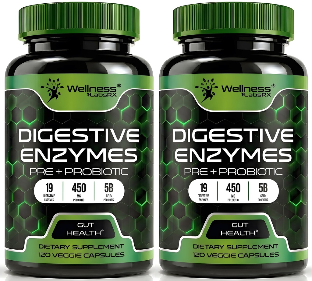 Enzimas Digestivas com Probióticos e Prebióticos, 450mg, 5 bilhões de UFC - Pure Super Digestion Cápsulas - Enzimas Digestivas para Mulheres e Homens Suporte Digestion & Gut Health - 120 Count (Pack of 2)