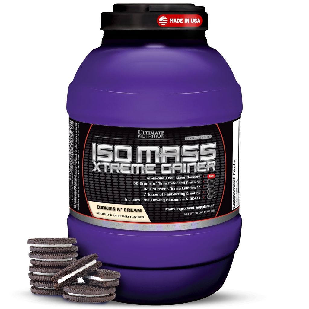 Ultimate Nutrition ISO Mass Xtreme Gainer - Gainer de massa de alta calorias com Creatina e Whey Isolate Protein Powder for Weight Gain, Lean Muscle Mass, Bulk Supplement - Cookies N Cream, 10lbs