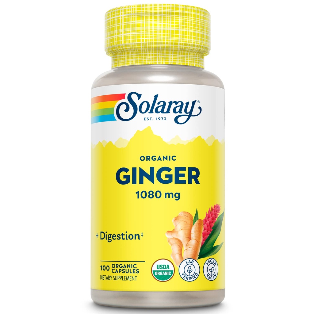 SOLARAY Ginger orgânica 1080 mg - Suplementos de gengibre orgânica - Alivia náuseas e vômitos associados com doença de movimento, apoia a saúde conjunta - Vegan, Não Drowsy, 60-Day Garantia, 50 Servings