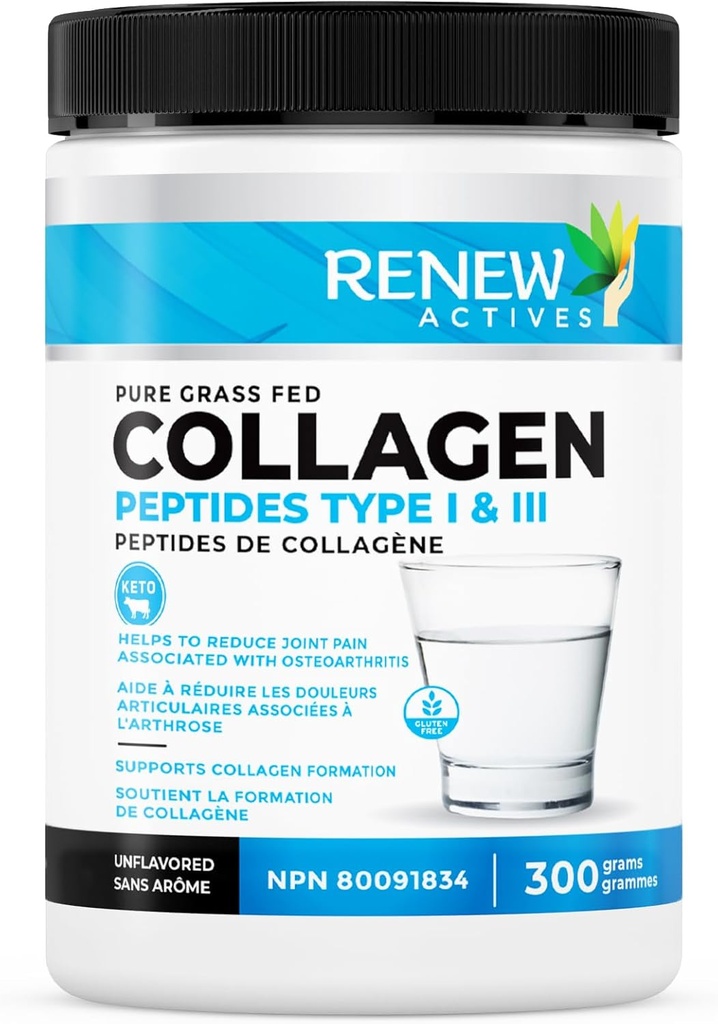 Renew Actives Hidrolisado Colágeno Peptídeos pó 10G por serviço – Premium Grass-Fed Colágeno para pele, articulações e cabelo – 9.4g Proteína – Suporta Formação de Colágeno e Recuperação Músculo – Feito no Canadá