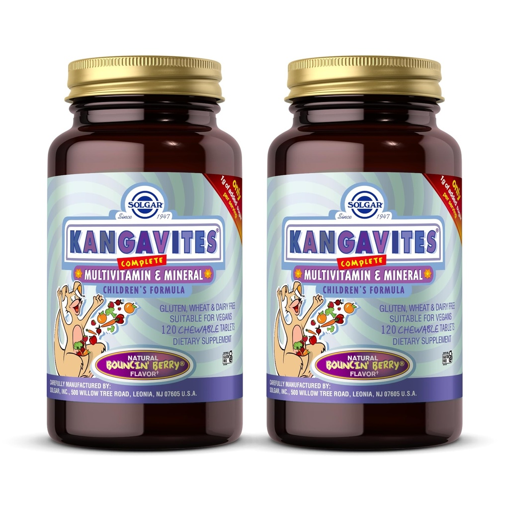 Solgar Kangavites, Bouncin’ Berry Flavor - 120 comprimidos mastigáveis, Pacote de 2 - Multivitamin completo & Fórmula mineral para crianças - Vegan, Glúten grátis