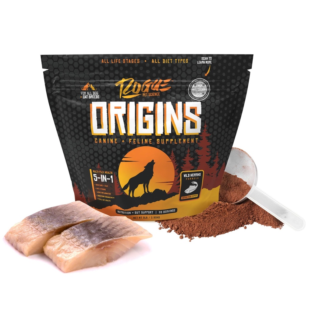 ROGUE PET CIÊNCIA Origens 5-em-1 suplemento de cão - Topper de alimentos em pó w / óleo de peixe natural Omega 3 - Suporta Digestão saudável, pele e casaco - Ajuda a reduzir coceira e inflamação conjunta (2 lbs)