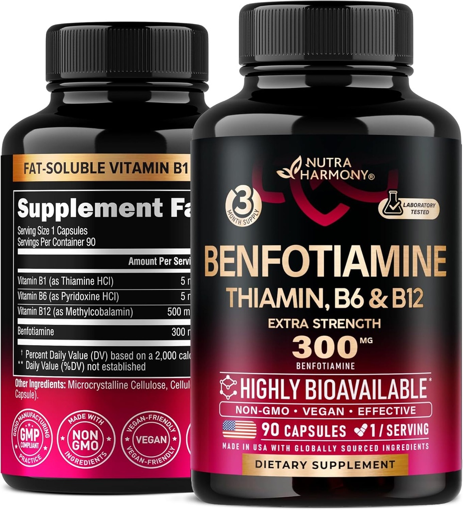 Benfotiamina 300 mg - Suporte Nervo, Energia e Metabolismo Suporte - Suplemento Benfotiamina Vitamina B1 - Altamente Biodisponível e Absorvível - com tiamina, vitamina B12 & B6 - 90 Cápsulas