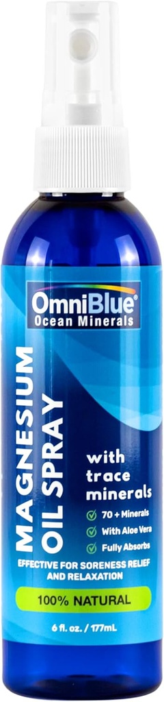 OmniBlue Magnésio & Oceano Mineral Spray-Típico, Iônico e Biodisponível Trace Minerals - Alívio para Dores, Cães, Juntas e Sono - Spray Absorve Fast, No Sting - EUA Made (6 onças)