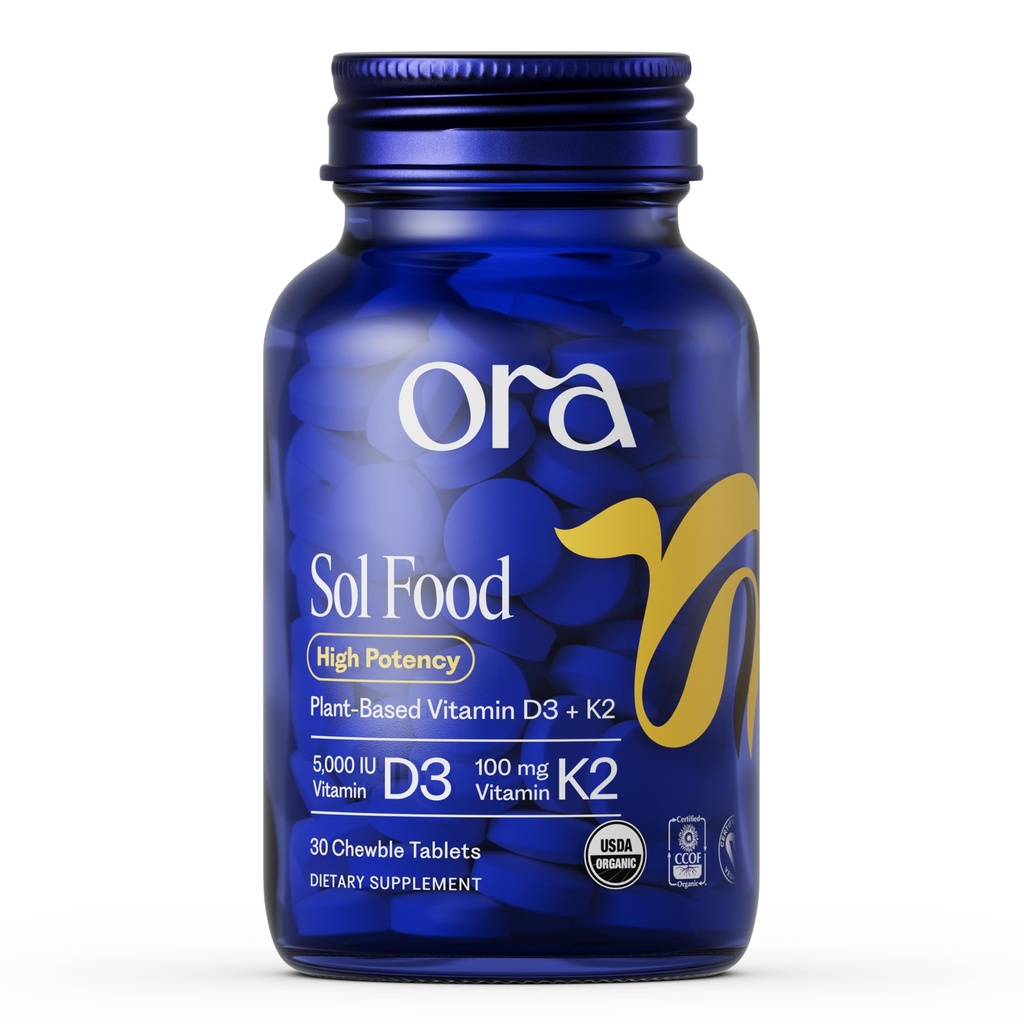 Ora Orgânica Vitamina D3 5000UI + K2 - Vegan Vitamina D de Lichen e K2 de grão de bico para a saúde óssea, suporte imunológico, & Humidade, Absorção máxima - 1 mês de fornecimento, 30 comprimidos mastigáveis