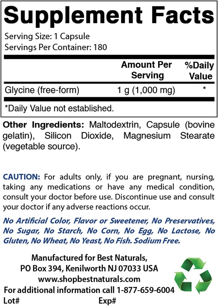 Melhor Naturals Glycine Suplemento 1000 Mg & Inositol Pó 1 Lb