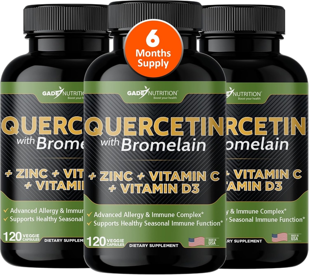 Gade Nutrition Quercetin com Vitamina C e Zinco - Quercetin 500mg - Quercetin com Bromelain - Zinc Quercetin - Quercetin Suplementos + Vitamina D3 (Não-GMO, Gluten-Free, Vegan) - 6 meses de fornecimento