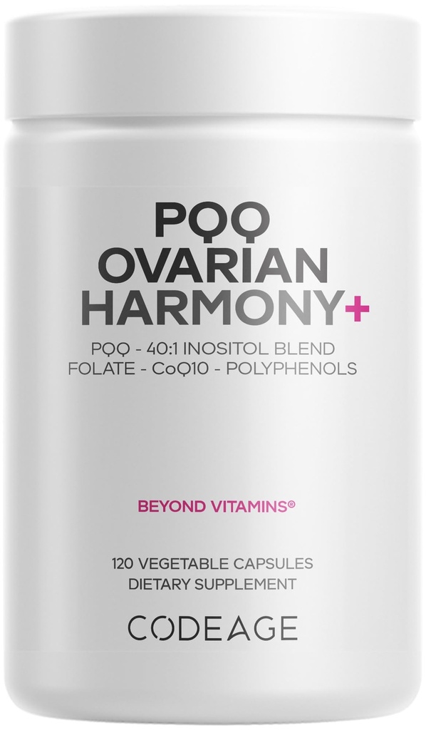 Codeage PQQ Ovarian Harmony+ Supplement - PQQ (Pyrroloquinolina Quinone), Myo-Inositol & D-Chiro-Inositol 40:1 Mistura, Folato 5-MTHF, CoQ10, Mirtilo Selvagem - Entrega lipossómica - Não-GMO - 120 Cápsulas