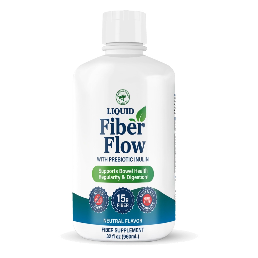 Desenhos nutricionais Fluxo de fibra líquida, Suplemento digestivo diário suave para alívio da constipação e saúde da tripa, Livre de açúcar, Regularidade intestinal natural para equilíbrio intestinal saudável, sem sabor, 32 fl oz