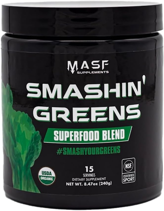 MASF Smashin's Greens Superfood Mistura NSF Sport, Super Greens Digestive Health, Spirulina, Chlorela, Bloat Relief, 8.47 Ounce (Pacote de 1)