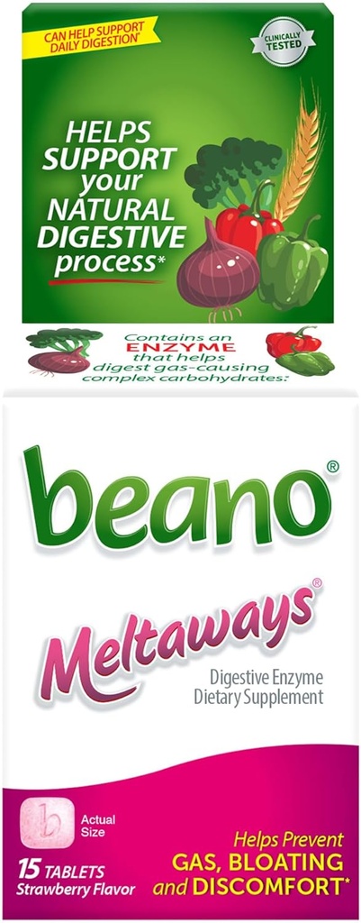 Beano Meltaways, Prevention Gas & Digestive Enzyme Supplement, Strawberry Flavor, 15 Count