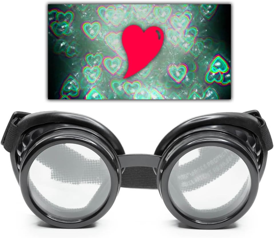 GloFX Black Heart Effect Difraction Goggles - Veja Corações - 3D Holographic Visuals Edm Rave Outfit Steampunk Costume Cosplay Music Festival Essential