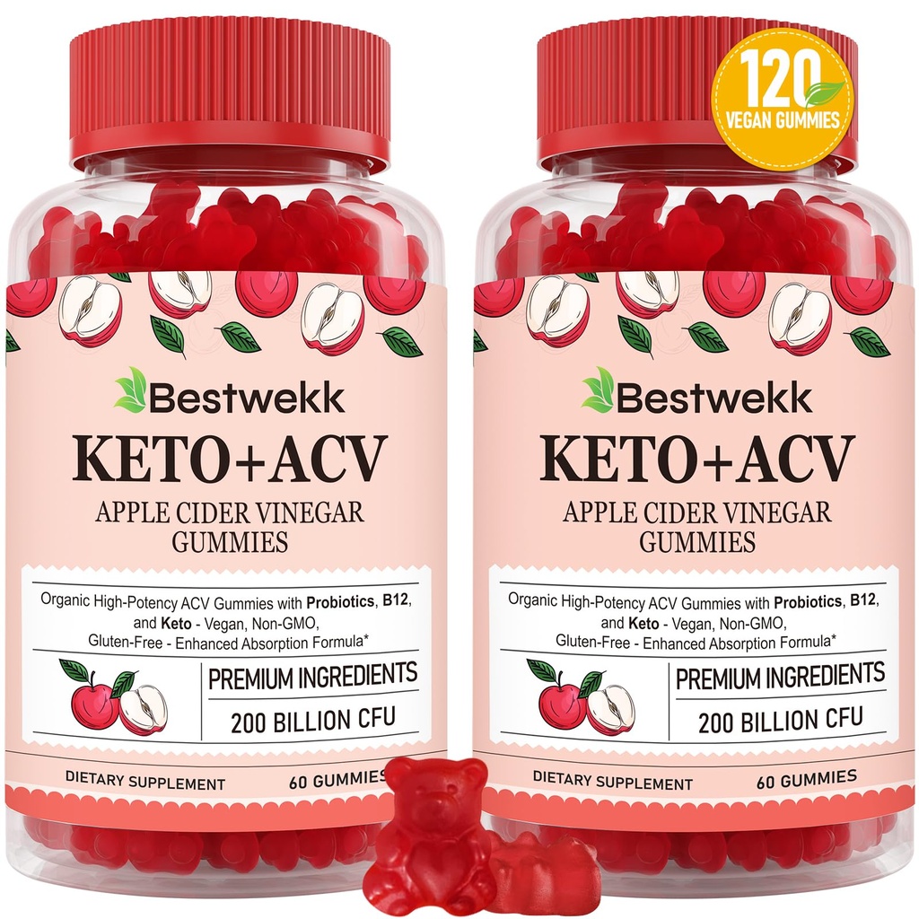 Pastilhas de vinagre de sider de maçã, força máxima 2000mg ACV Gummy com Probióticos, B12 e Keto Suporte, Para Digestão, Metabolismo, Detox, Gut & Imune Saúde, Gelatina-livre, Não-GMO, 120 ceto acv gomas