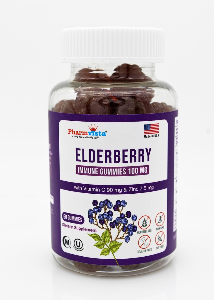 Elderberry Gummies 100mg com Vitamina C e Zinco - Suporte Imune, gomas sem glúten com 7% de Anthoycianina - 60 Count
