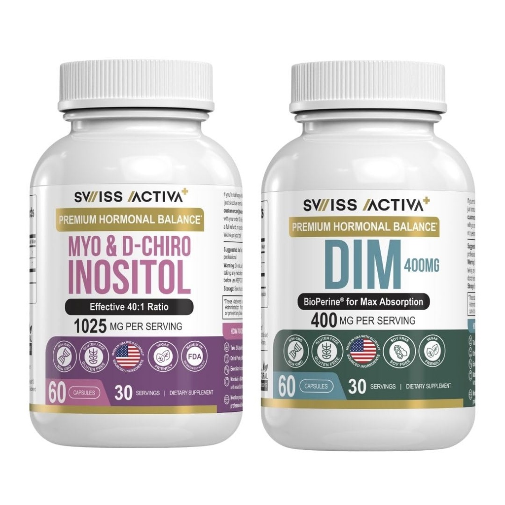 Suíço Activa+ DIM & Myo-Inositol Bundle – Equilíbrio Hormônios e Apoio ao PCOS para Mulheres – Ciclo Menstrual, Mood, Estrogênio e Saúde Ovariana – Fornecimento de 60 dias