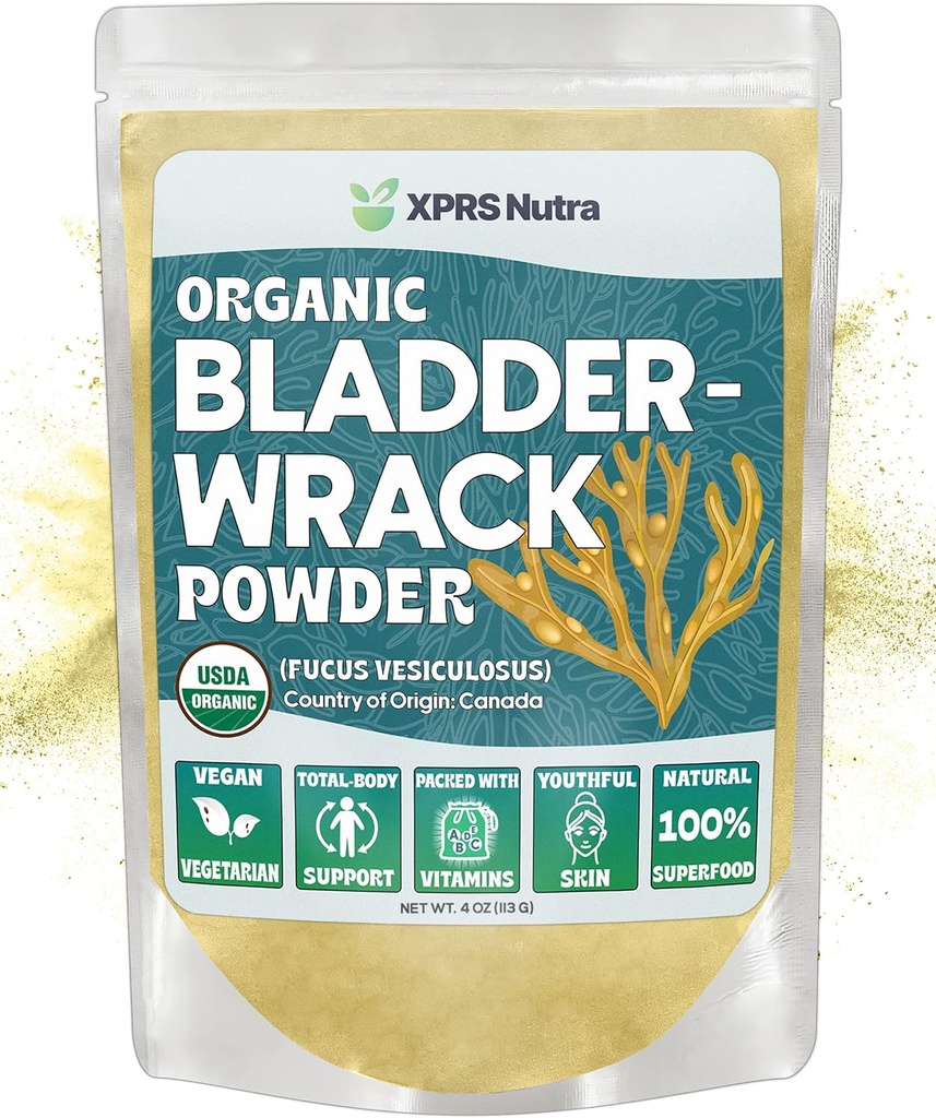 XPRS Nutra Organic Bladderwrack Pó (Fucus Vesiculosus) - Premium Bladderwrack Organic Pó para a pele brilhante - Vegan Friendly Bladderwrack Herb Iodine Supplement (4 Ounce)