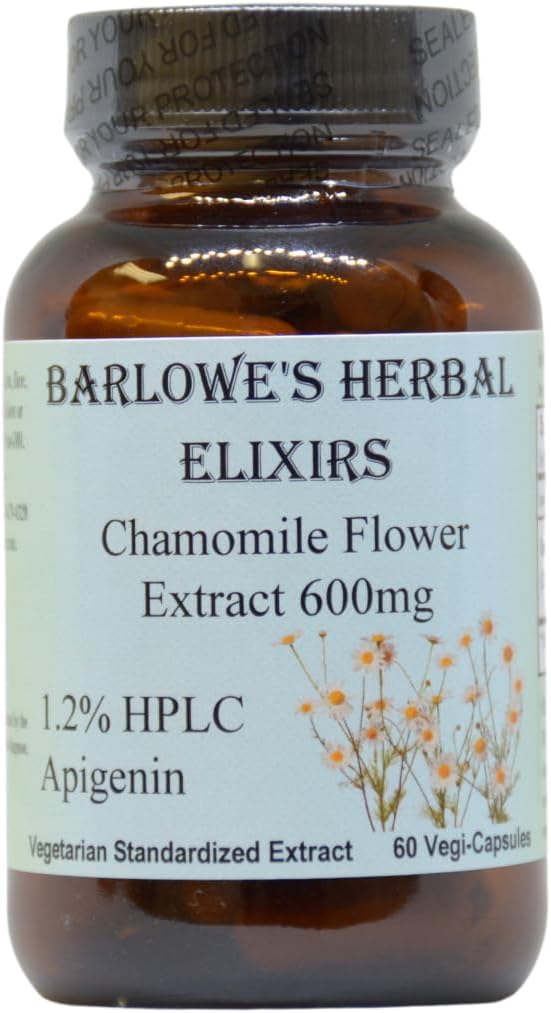 Elíxiros de ervas de Barlowe Extrato de flores de camomila alemão Suplemento de camomila ..Matricaria Chamomilla .. 1,2% Apigenin .. 600mg por cápsula .. 60 Cápsulas de Vegi .. Stearate grátis .