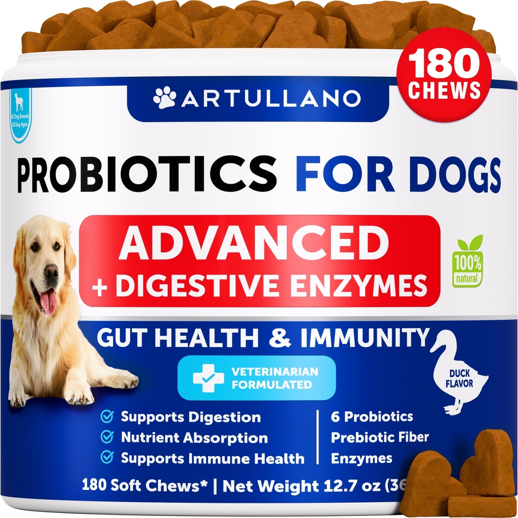 Probióticos para cães - Suporte Gut Saúde, Pele Comichão, Alergias, Imunidade, Balanço Levedura - Dog Probióticos e Enzimas Digestivas com Prebióticos - Reduzir Diarréia, Gás - 180 Mastigações Probiótico para cães