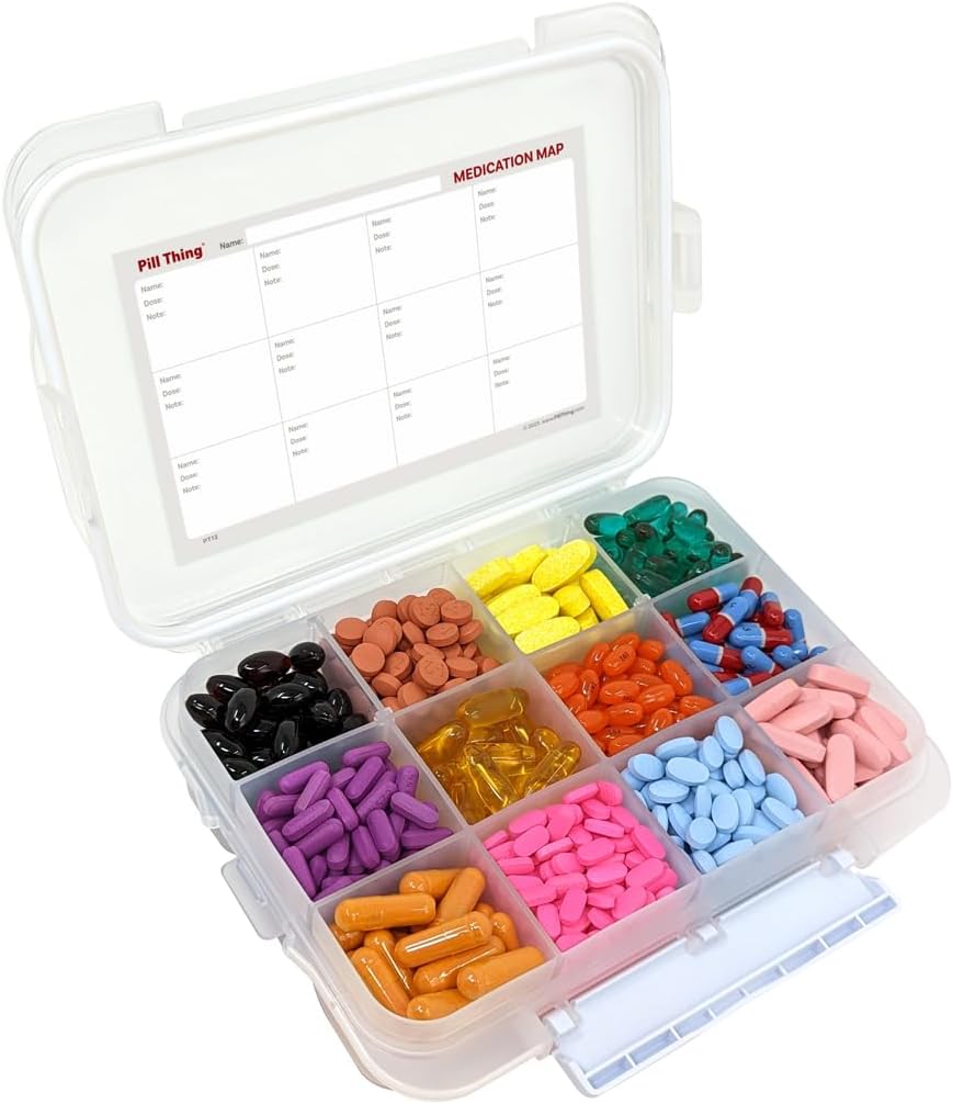 Caixa de 12 compartimentos grande comprimido com selo hermético - Silicone Junta impermeável Med Box com mapa de medicação (12 compartimento, 1 pacote)