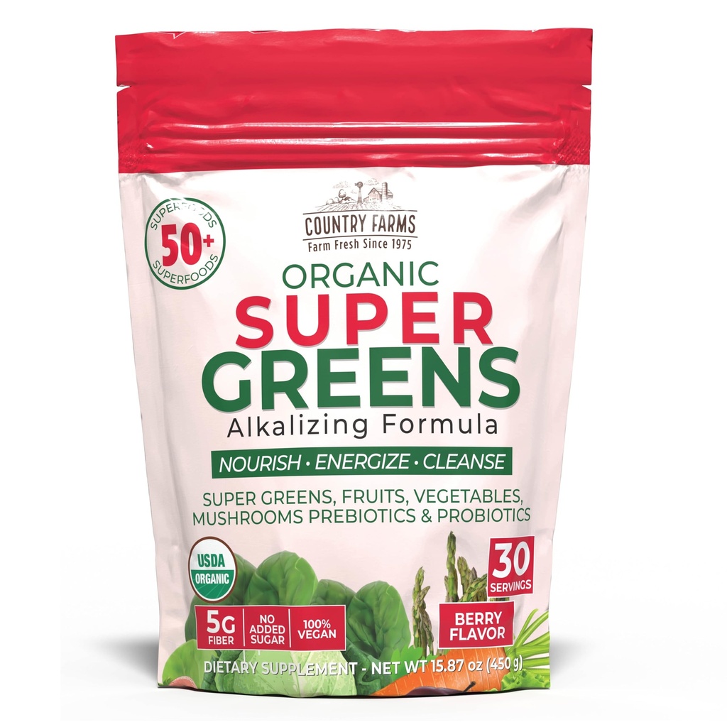 Fazendas País Super Greens Berry Flavor, 50 Super Alimentos Orgânicos, USDA Organic Drink Mix (Wheat Grass, Spirulina, chlorela) Cogumelos & Probióticos, com Fibra, Gut Health, Energia Natural, 30 Servings