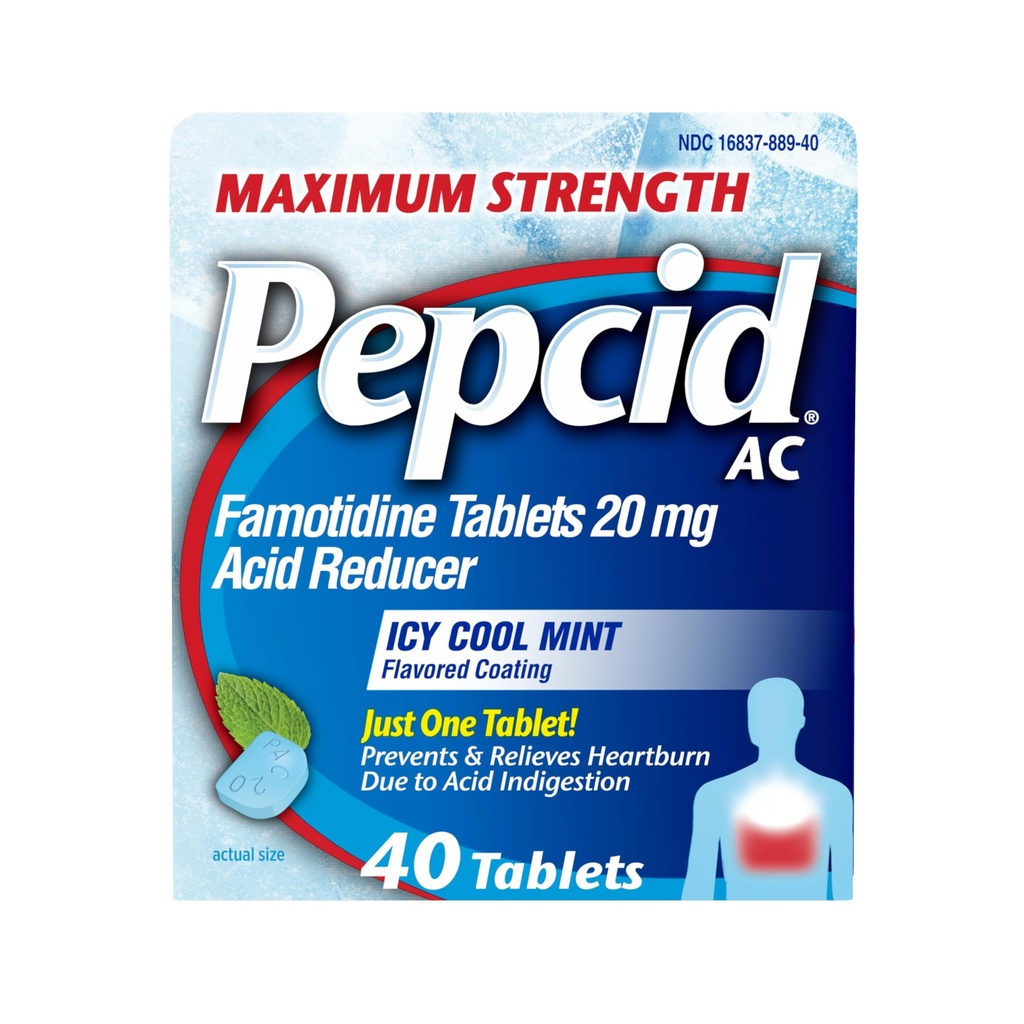 Pepcid AC máxima força alívio da azia comprimidos, OTC medicina previne e alivia a azia devido à indigestão ácida e estômago azedo, 20mg Famotidina ácido redutor, ICY Cool Mint, 40 ct