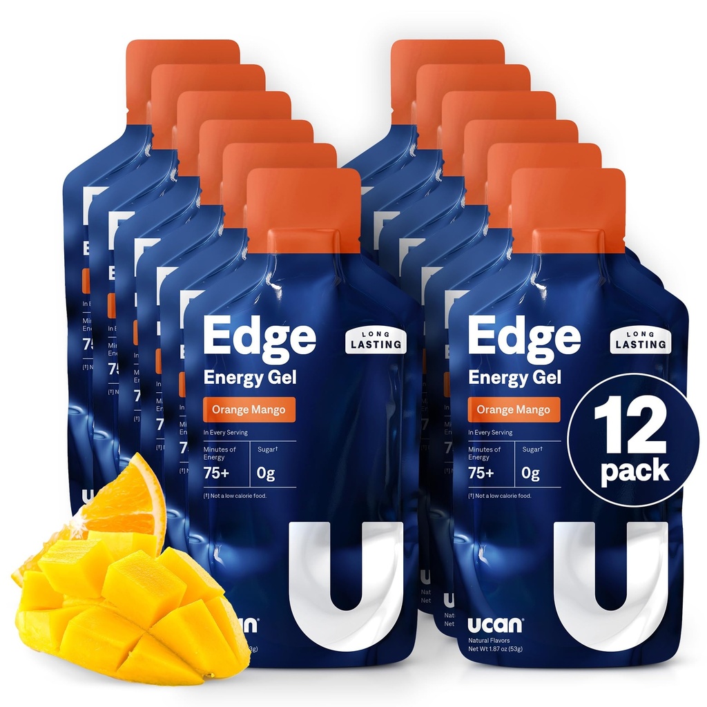 UCAN Edge Energy Gel Shots, Mango Laranja (12, 2 pacotes de onça) para correr, Treinamento, Treino, Fitness, Ciclismo, Crossfit, Sugar-Free, Vegan, & Keto Friendly Energia