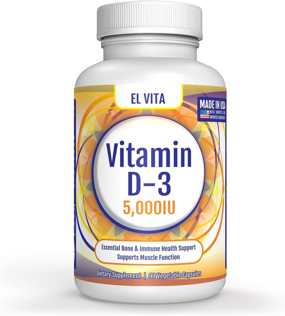 90 Cápsulas vegetais Vitamina D. D3 5000UI (125 MCG) Suporte imunológico de alta potência Suplemento dietético. Recuperação muscular saudável Avançado. Fórmula não OGM