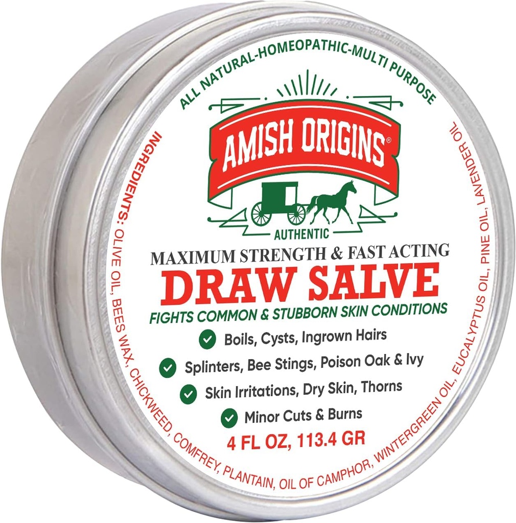 Amish Origens desenho pomada de salva, 4 oz força máxima rápida Atuação Draw Salve para lascas, Ferva, Fechos de abelha, Cisto, Anti Coceira Creme, Made in USA