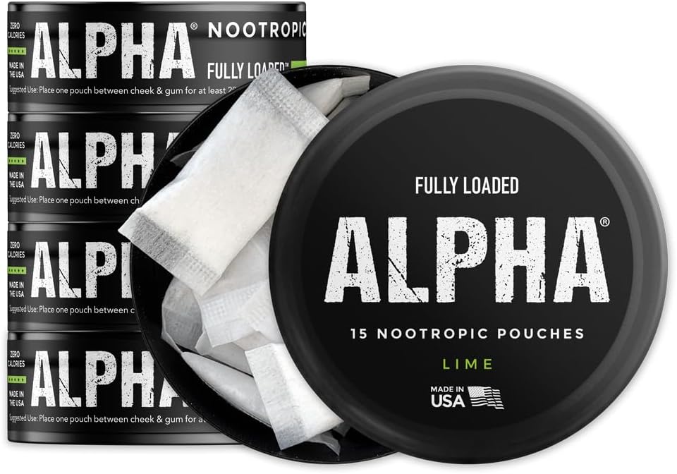 Pouches Alpha Nootropic totalmente carregados (Lime) - 5 latas - 15 pouches por lata - Entrega Nootropic eficaz, substituição Nic Pouch - Absorção mais rápida, Alpha GPC, L-Tirosina, GABA