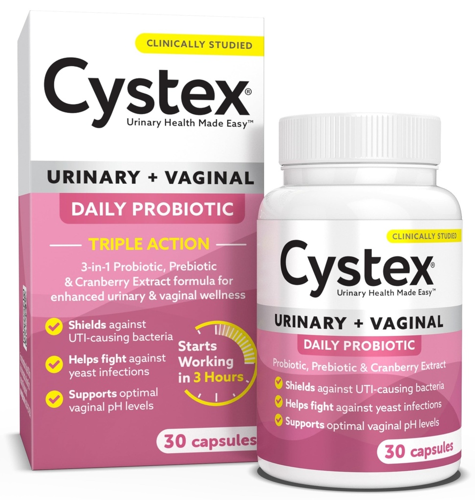 Cystex 3-em-1 trato urinário Probiótico para as mulheres - Fast-Acting ITU & Yeast Infecção Suporte com Prebióticos, Probióticos, & Cranberry - Suporta pH vaginal e equilíbrio flora - 30 Cápsulas