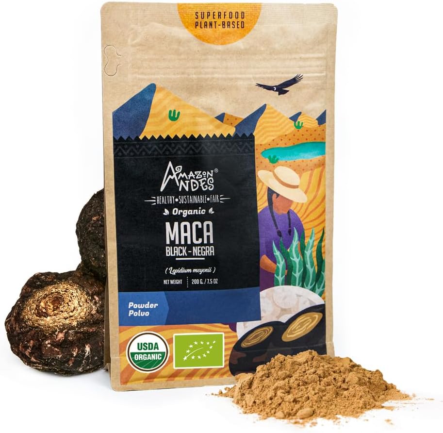 Andes Black Maca Root Powder (Lepidium meyenii) - contém carboidratos & Minerals - Adaptogen superalimento & Health Promoter - Gelatinized, Vegan, Não-GMO & Allegen-free - 7 Ounce (40 Servings)