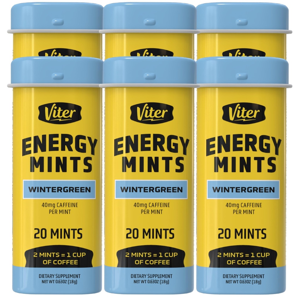 Viter Energia Menta Cafeinada 40mg Cafeína, B Vitaminas, Açúcar Livre. (Wintergreen, 20pcs, 6 Pack)