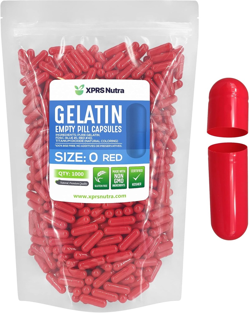 XPRS Nutra Tamanho 0 Cápsulas vazias - 1000 Count Cápsulas de Gelatina Vazias - Comprimidos DIY Cápsula Preenchimento - Pure Bovine Pill Gel Caps para Do-It-Yourself Suplementos (Vermelho)