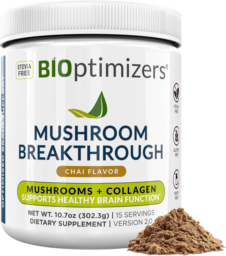 BIOptimizers Mushroom Coffee Alternative – Chai Drink – Lion’s Mane, Chaga, Reishi + Colágeno Peptides para Foco, Energia e Gut Health – Adaptogenic Mushrooms & MCT Powder – 15 Servings