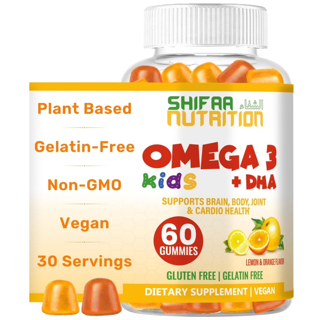 SHIFAA NUTRITION Halal Omega 3 para crianças com pastilhas DHA para o desenvolvimento do cérebro, apoio do coração e imune, planta-baseada, não-GMO, DHA baseada em algas, Glúten e Gelatin-free crianças Omega 3 chicletes, 30 Servings