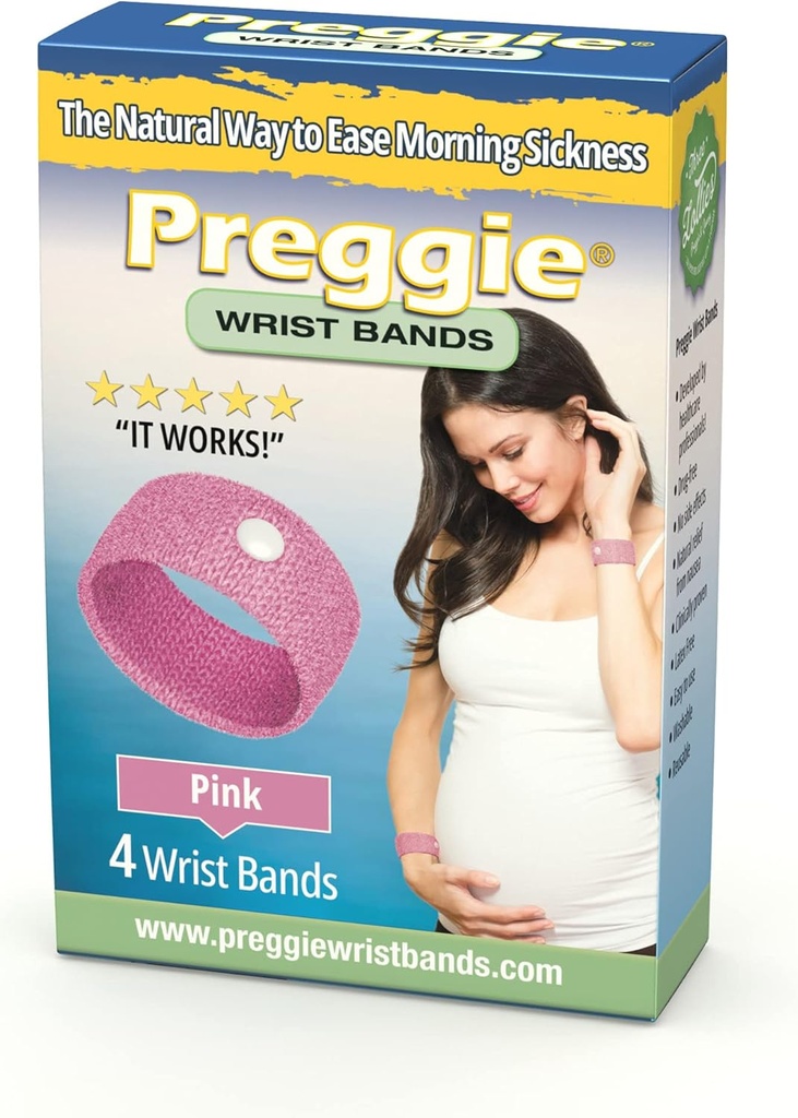 Preggie Anti-Náusea pulseiras – alívio de doença matinal – ajuda de alívio de náusea testado clinicamente - gravidez alívio de náusea – acupressão pulseira - efeito lateral livre - 2 pares, conjunto de 4 bandas - rosa